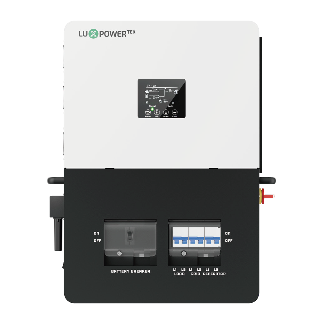 Inversor cargador de 6 kW con interruptores integrados. Split phase 120/240V compatible con baterías LUX PGEM y PYLONTECH LV. Admite conexión en paralelo hasta 16 unidades.