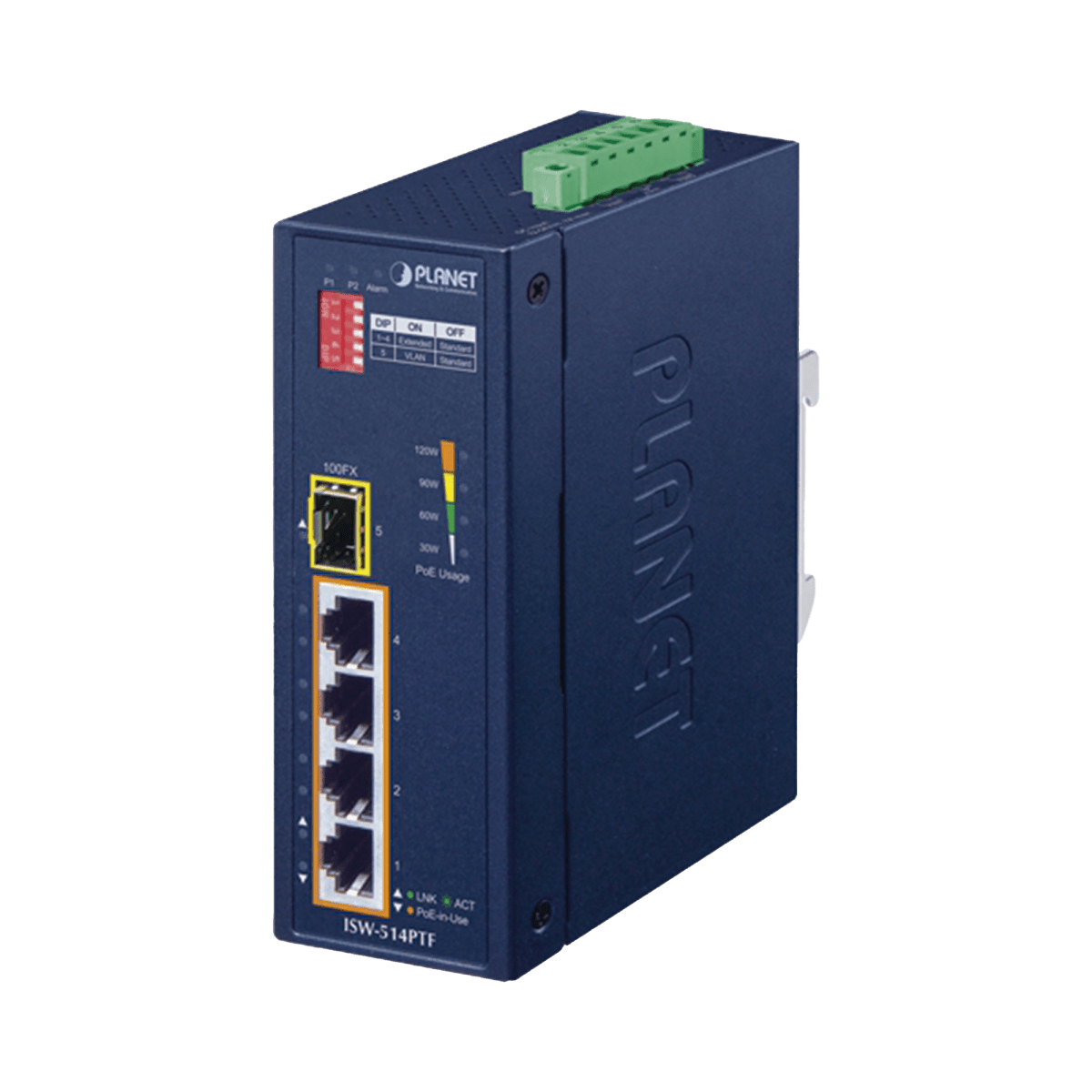 Switches PoEPLANETISW-514PTFSwitch Industrial 4 Puertos PoE 10/100 1 Puerto Fibra 100Base - FX - 40 a 75°C PLANET ISW - 514PTF - SILYMX