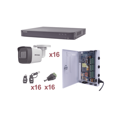 HIKVISIONKH1080P16BWKIT TurboHD 1080p / DVR 16 Canales / 16 Cámaras Bala (exterior 2.8 mm) / Transceptores / Conectores / Fuente de Poder Profesional - SILYMX