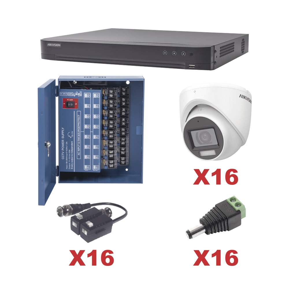 KIT de cámaras de seguridad 2 MPX TurboHD 1080p DVR 16 Canales 16 Cámaras Turret con Audio Integrado (Exterior 2.8 mm) Transceptores Conectores Fuente de Poder Profesional KH1080P16DW - SILYMX