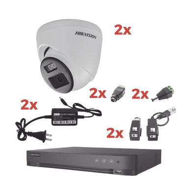 HIKVISIONKH-1080P-2E-TWAKit Audio Bidireccional TurboHD 1080p / DVR 4 Canales / 2 Cámaras Eyeball (Exterior) con Bocina y Microfóno Integrado / 2 Fuentes de Poder / Accesorios - SILYMX