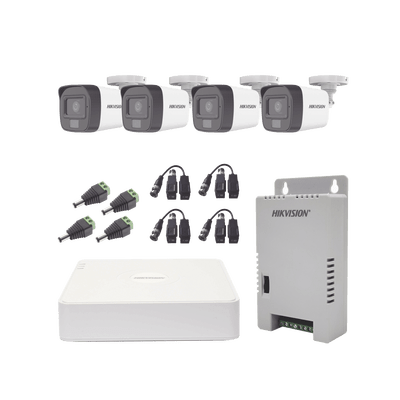 HIKVISIONKH1080P4BSFHKit TURBOHD 1080p / DVR 4 Canales / 4 Cámaras con Micrófono Integrado y 101° Visión / Luz Blanca + IR Visión Nocturna / Transceptores / Conectores / Fuente de Poder Profesional Compacta - SILYMX