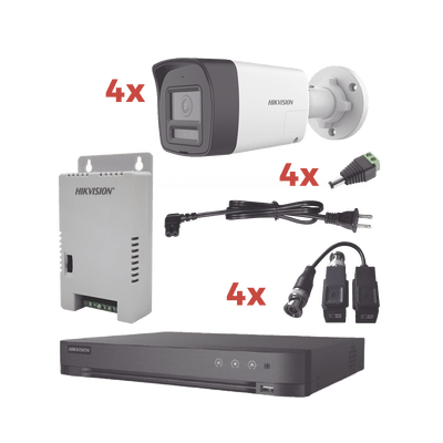 HIKVISIONKH-1080P-4B-TWAKit Audio Bidireccional TurboHD 1080p / DVR 4 Canales / 4 Cámaras Bala (Exterior) con Bocina y Microfóno Integrado / 1 Fuente de Poder / Accesorios - SILYMX