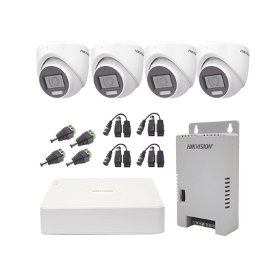 HIKVISIONKH1080P4ESFHKIT TurboHD 1080p / DVR 4 Canales con audio por coaxitron / 4 Cámaras con Micrófono y 106° Visión/ luz blanca + IR visión nocturna / Transceptores / Conectores / Fuente de Poder Profesional - SILYMX