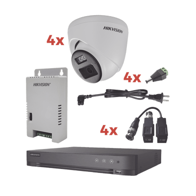 HIKVISIONKH-1080P-4E-TWAKit Audio Bidireccional TurboHD 1080p / DVR 4 Canales / 4 Cámaras Eyeball (Exterior) con Bocina y Microfóno Integrado / 1 Fuente de Poder / Accesorios - SILYMX