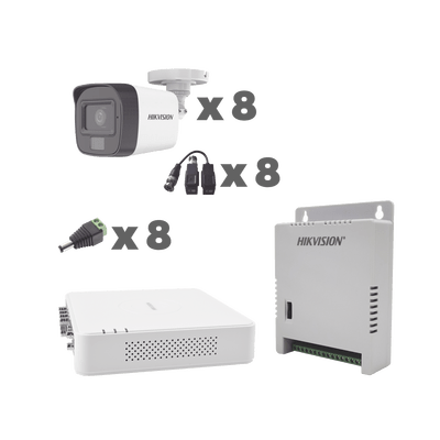HIKVISIONKH1080P8BFHKIT TurboHD 1080p / DVR 8 Canales con audio por coaxitron / 8 Cámaras con Micrófono Integrado 101° Visión/ luz blanca + IR visión nocturna / Transceptores / Conectores / Fuente de Poder Profesional - SILYMX