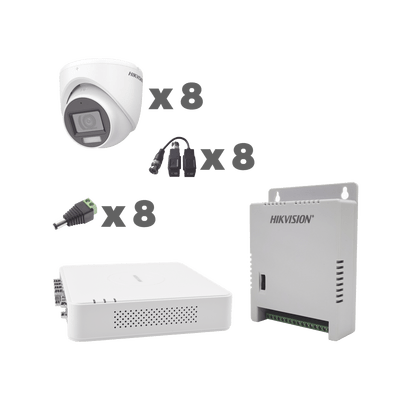 HIKVISIONKH1080P8EWFHKIT TurboHD 1080p / DVR 8 Canales con audio por coaxitron / 8 Cámaras con Micrófono Integrado 101° Visión/ luz blanca + IR visión nocturna / Transceptores / Conectores / Fuente de Poder Profesional - SILYMX