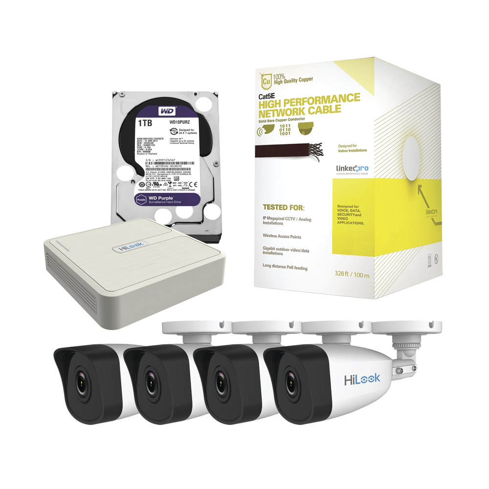 Kit IP 4 Megapixel  NVR de 4 Canales  4 Cámaras IP  Bobina de Cable de 100 mts  Disco Duro 1 TB - SILYMX