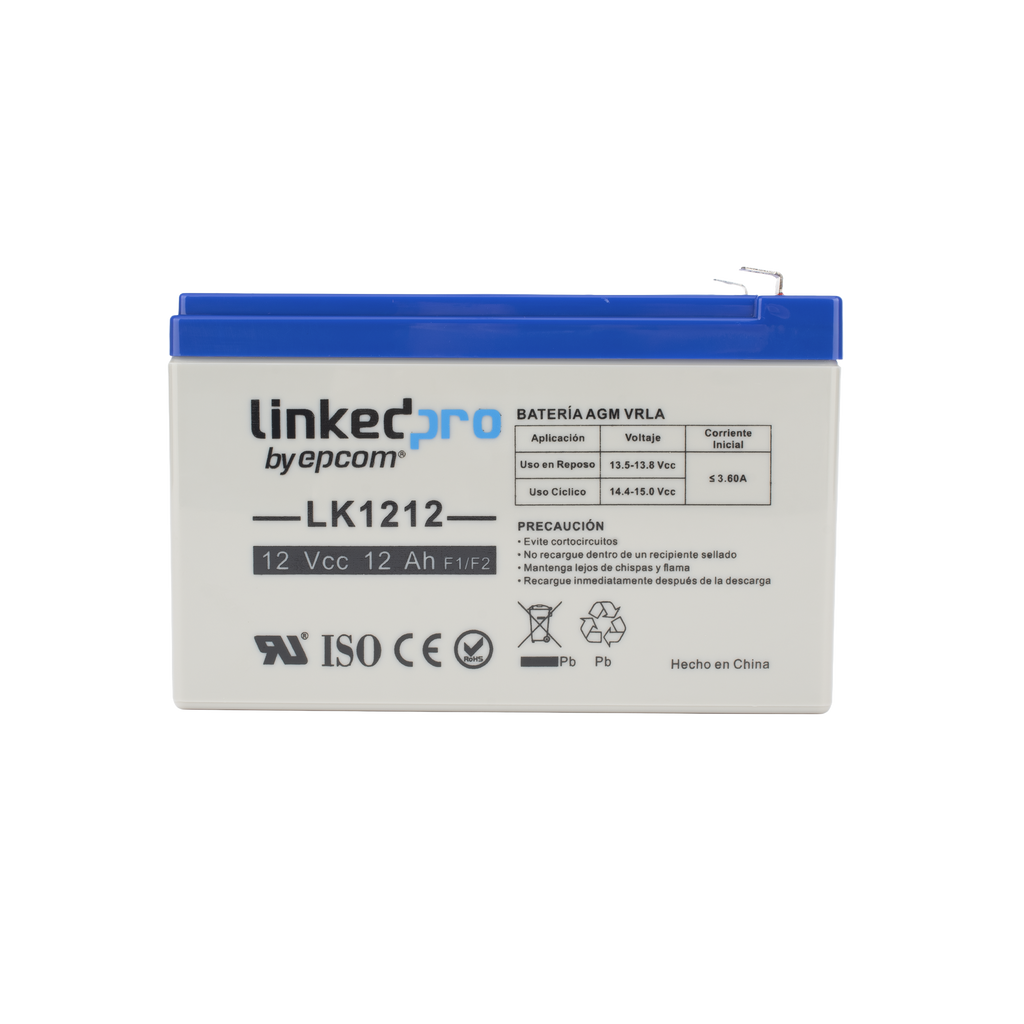 Batería 12 V 12 Ah UL AGM Vida útil promedio de 5 años Uso en equipo electrónico Intrusión Incendio/ Control de acceso Video Vigilancia Terminales F1 ( Incluye adaptador F2 ) LINKEDPRO BY EPCOM LK1212 - SILYMX