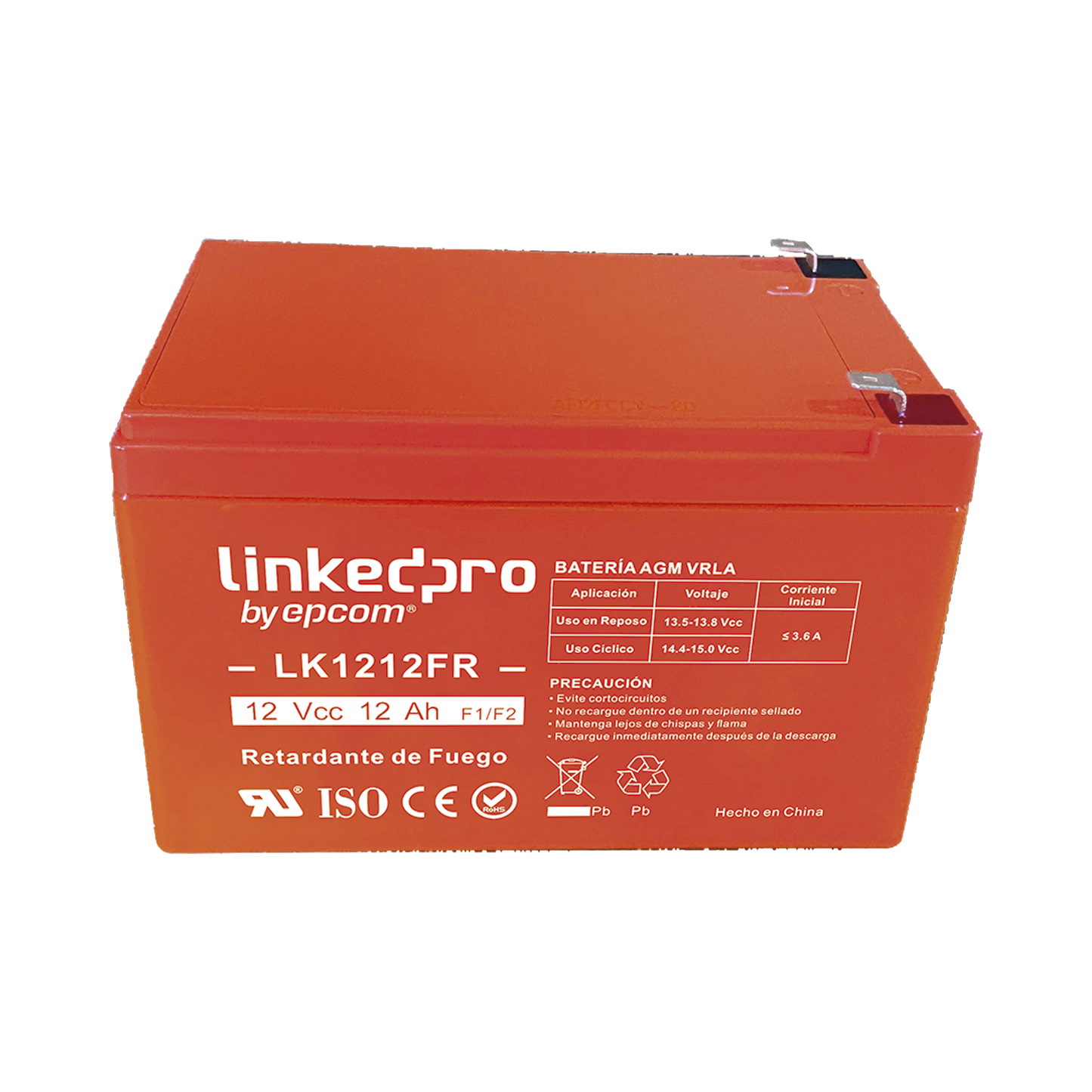 Batería 12 V 12 Ah UL AGM Vida útil promedio de 5 años Retardante a la Flama Uso en equipo electrónico Alarmas de Intrusión Incendio Control de acceso Video Vigilancia Terminales F1 LINKEDPRO BY EPCOM LK1212FR - SILYMX