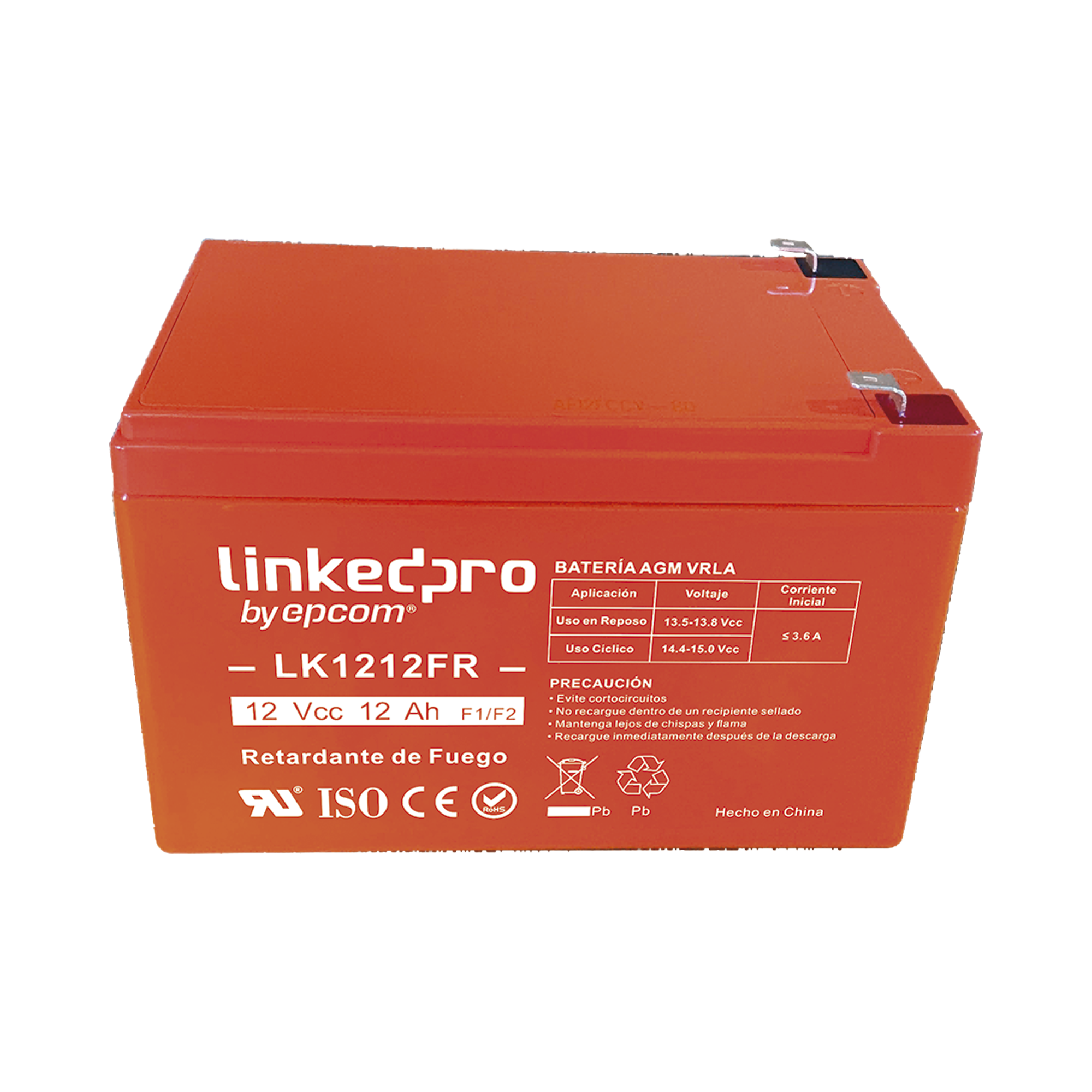 Batería 12 V 12 Ah UL AGM Vida útil promedio de 5 años Retardante a la Flama Uso en equipo electrónico Alarmas de Intrusión Incendio Control de acceso Video Vigilancia Terminales F1 LINKEDPRO BY EPCOM LK1212FR - SILYMX