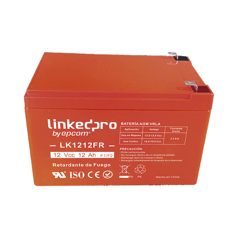 Batería 12 V 12 Ah UL AGM Vida útil promedio de 5 años Retardante a la Flama Uso en equipo electrónico Alarmas de Intrusión Incendio Control de acceso Video Vigilancia Terminales F1 LINKEDPRO BY EPCOM LK1212FR - SILYMX