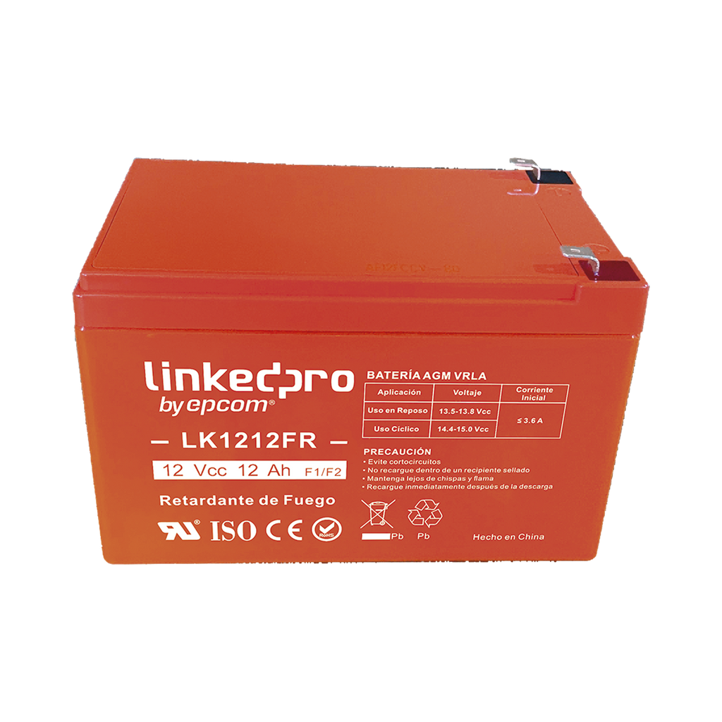Batería 12 V 12 Ah UL AGM Vida útil promedio de 5 años Retardante a la Flama Uso en equipo electrónico Alarmas de Intrusión Incendio Control de acceso Video Vigilancia Terminales F1 LINKEDPRO BY EPCOM LK1212FR - SILYMX