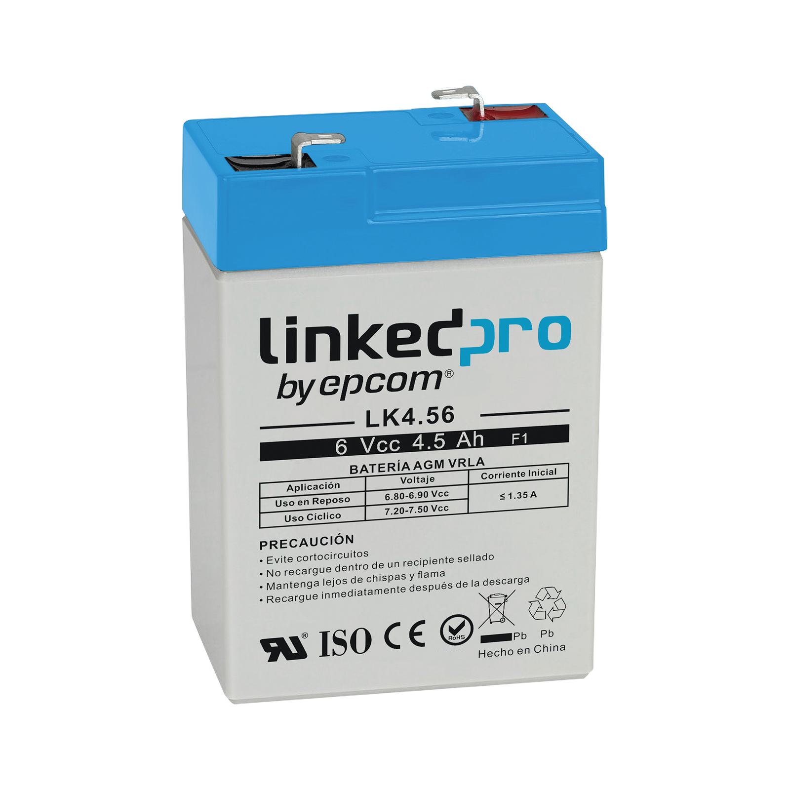 Batería 6 V 4.5 Ah UL AGM Vida útil promedio 5 años Para uso en equipo electrónico Alarmas de Intrusión Incendio/ Control de acceso Video Vigilancia Terminales F1 ( Incluye adaptador F2 LINKEDPRO BY EPCOM LK4.56 - SILYMX