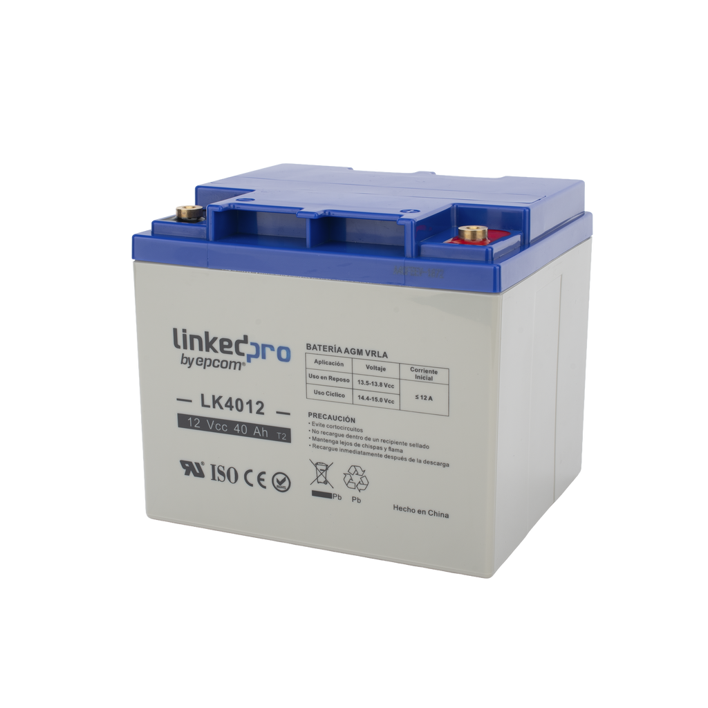 Batería 12 V 40 Ah UL AGM Para uso en equipo electrónico Alarmas de Intrusión Incendio/ Control de acceso Video Vigilancia Terminales T2 LINKEDPRO BY EPCOM LK4012 - SILYMX
