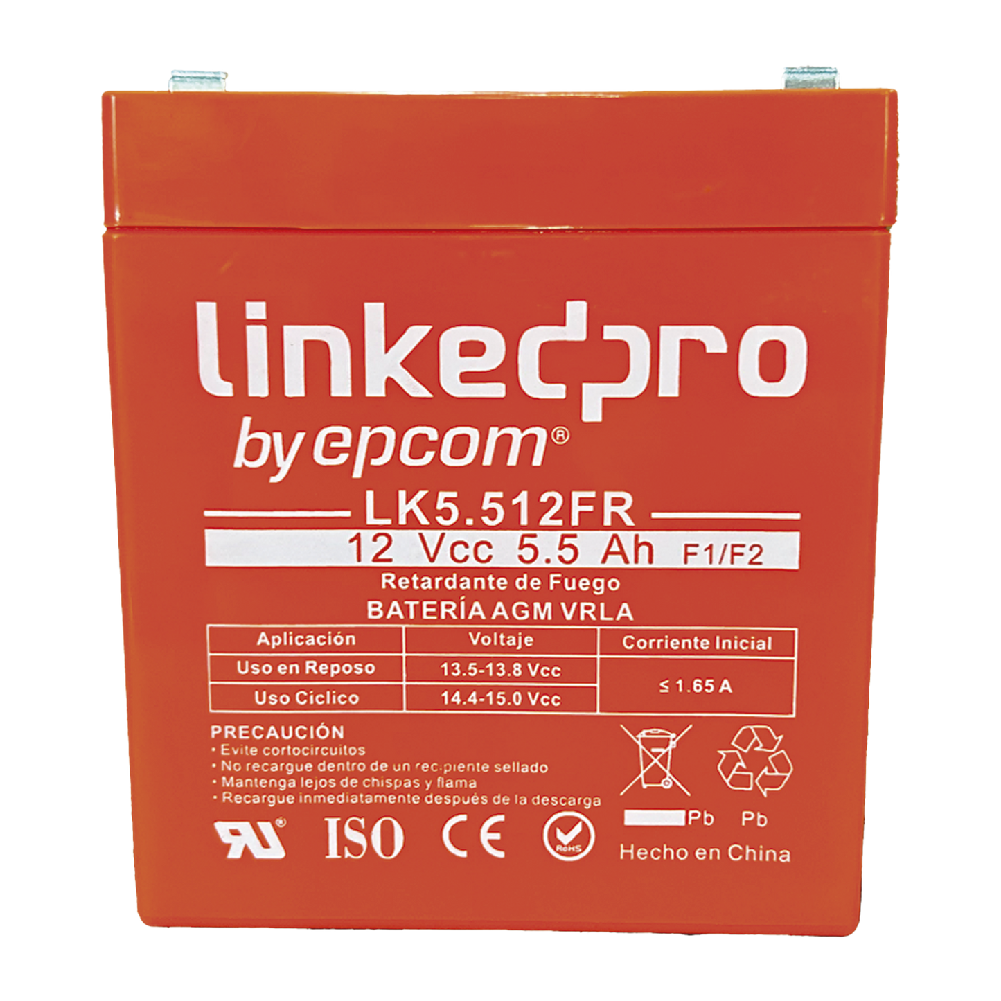 Batería 12 V 5.5 Ah UL AGM Vida útil promedio de 5 años Retardante a la Flama Para uso en equipo electrónico Alarmas de Intrusión Incendio/ Control de acceso Video Vigilancia Incluye LINKEDPRO BY EPCOM LK5.512FR - SILYMX