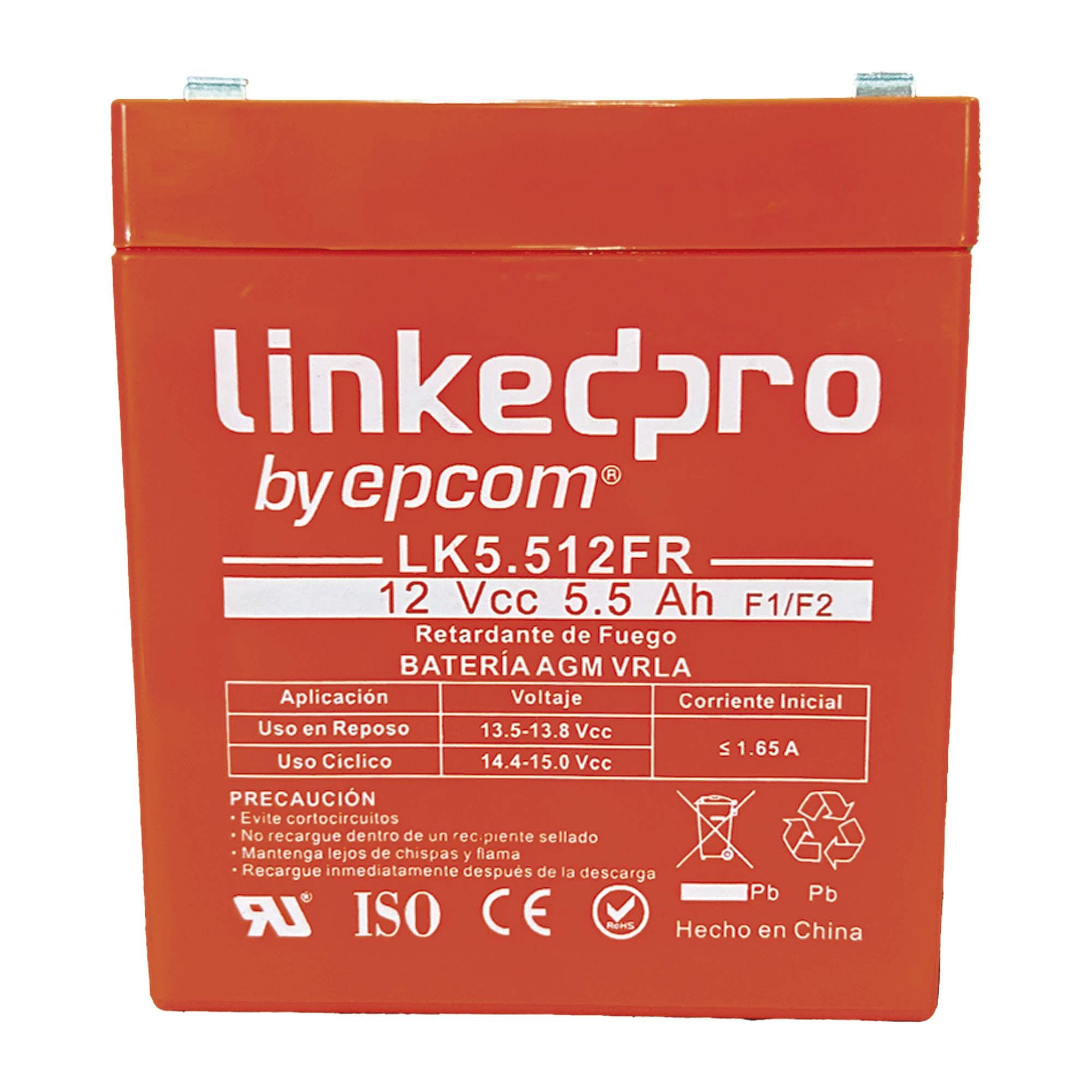 Batería 12 V 5.5 Ah UL AGM Vida útil promedio de 5 años Retardante a la Flama Para uso en equipo electrónico Alarmas de Intrusión Incendio/ Control de acceso Video Vigilancia Incluye LINKEDPRO BY EPCOM LK5.512FR - SILYMX