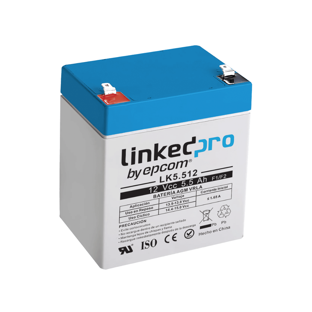 Batería 12 Vcc 5.5 Ah UL Vida útil promedio 5 años Tecnología AGM-VRLA Para uso en equipo electrónico, Alarmas, Control de acceso Terminales F1 - SILYMX
