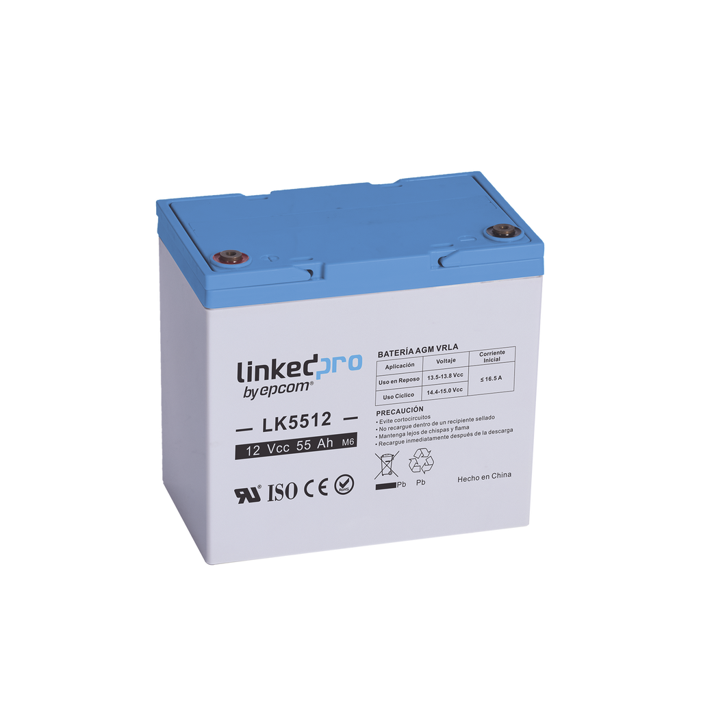 Batería 12 V 55 Ah UL AGM Vida útil promedio de 5 años Para uso en equipo electrónico Alarmas de Intrusión Incendio/ Control de acceso Video Vigilancia T2 LINKEDPRO BY EPCOM LK5512 - SILYMX