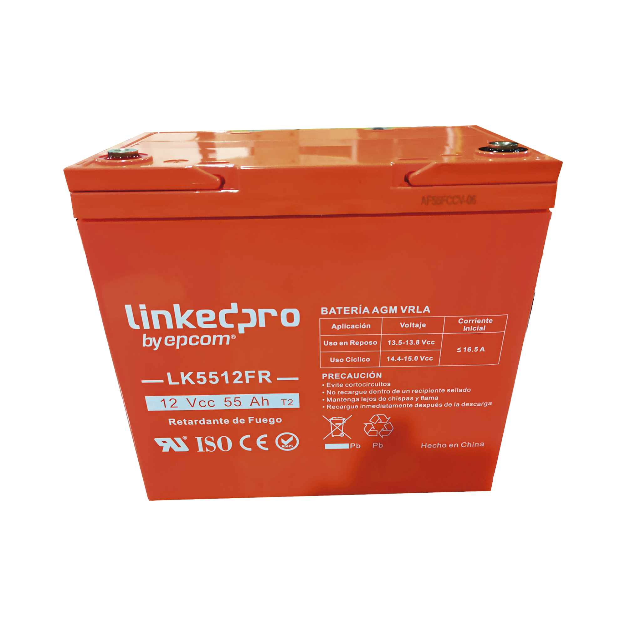 Batería 12 V 55 Ah UL AGM-VRLA Vida útil promedio de 5 años Retardo a la flama Para uso en equipo electrónico Alarmas de Intrusión Incendio/ Control de acceso Video Vigilancia Termina LINKEDPRO BY EPCOM LK5512FR - SILYMX