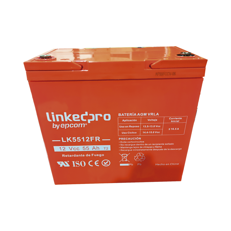 Batería 12 V 55 Ah UL AGM-VRLA Vida útil promedio de 5 años Retardo a la flama Para uso en equipo electrónico Alarmas de Intrusión Incendio/ Control de acceso Video Vigilancia Termina LINKEDPRO BY EPCOM LK5512FR - SILYMX