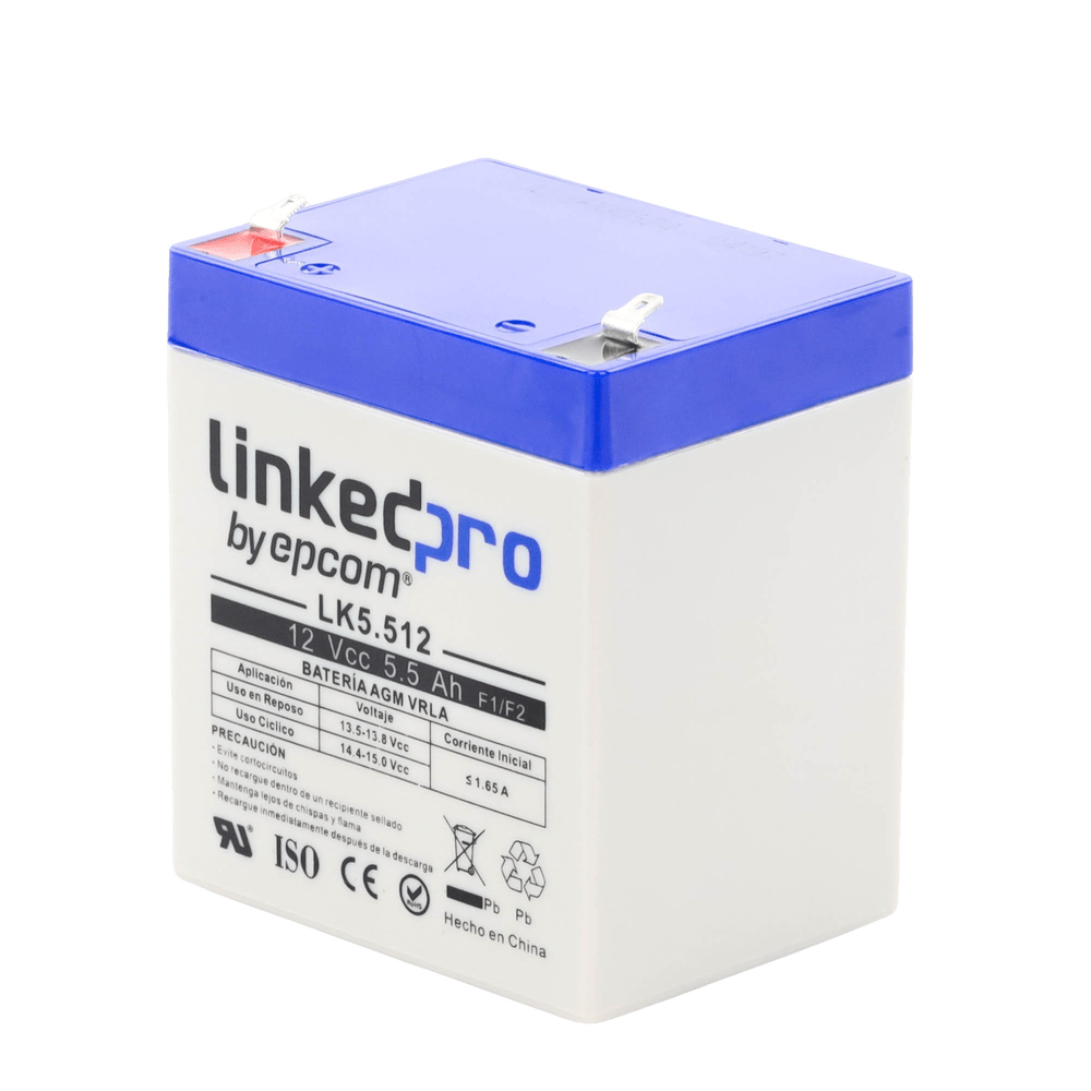 Batería 12 Vcc 5.5 Ah UL Vida útil promedio 5 años Tecnología AGM-VRLA Para uso en equipo electrónico, Alarmas, Control de acceso Terminales F1 - SILYMX