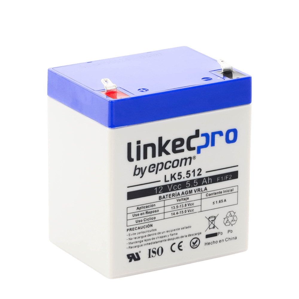 Batería 12 Vcc 5.5 Ah UL Vida útil promedio 5 años Tecnología AGM-VRLA Para uso en equipo electrónico, Alarmas, Control de acceso Terminales F1 - SILYMX