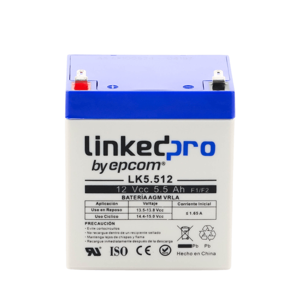 Batería 12 Vcc 5.5 Ah UL Vida útil promedio 5 años Tecnología AGM-VRLA Para uso en equipo electrónico, Alarmas, Control de acceso Terminales F1 - SILYMX