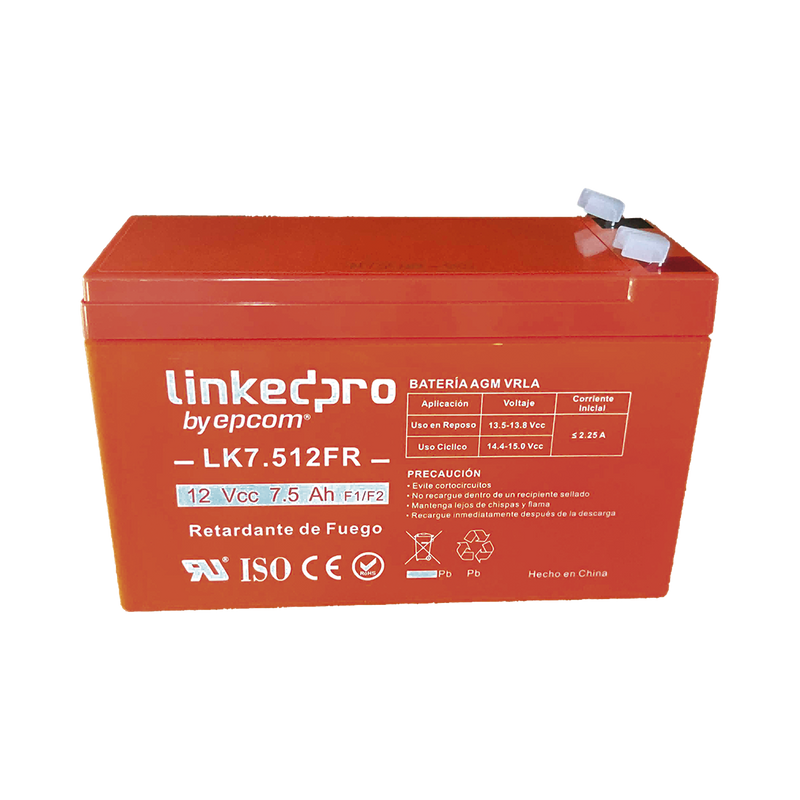 Batería 12 V 7.5 Ah UL AGM Vida útil promedio de 5 años Retardante a la Flama LINKEDPRO BY EPCOM LK7.512FR - SILYMX