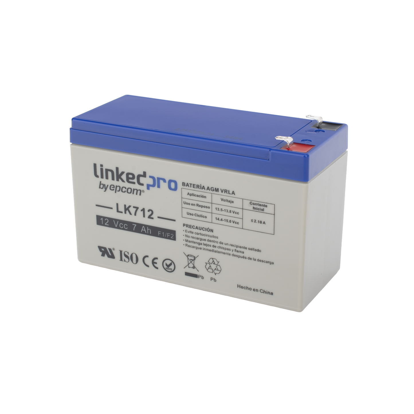 Batería 12 V 7 Ah UL AGM Vida útil promedio 5 años Uso en equipo electrónico Alarmas de Intrusión Incendio Control de acceso Video Vigilancia Terminales F1 ( Incluye adaptador F2 ) LINKEDPRO BY EPCOM LK712