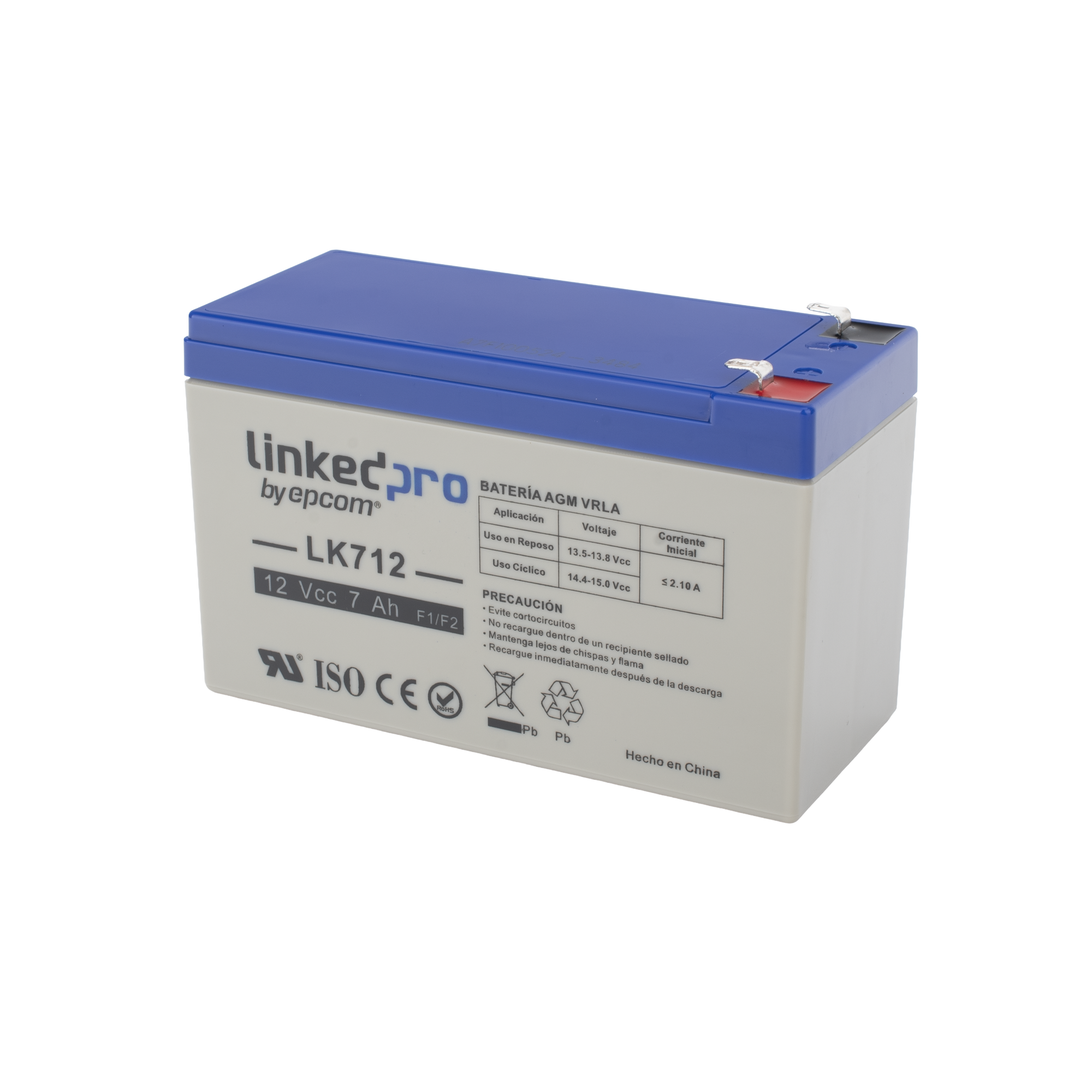 Batería 12 V 7 Ah UL AGM Vida útil promedio 5 años Uso en equipo electrónico Alarmas de Intrusión Incendio Control de acceso Video Vigilancia Terminales F1 ( Incluye adaptador F2 ) LINKEDPRO BY EPCOM LK712