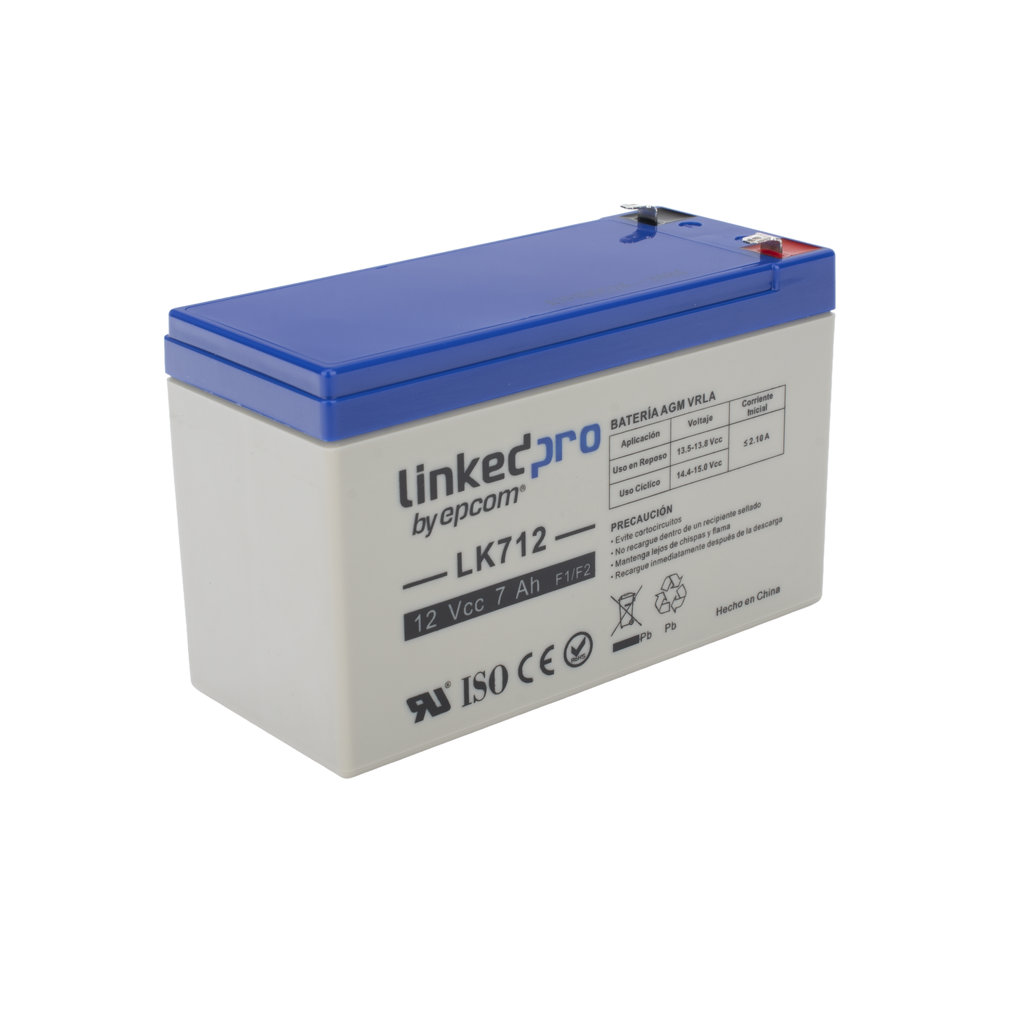 Batería 12 V 7 Ah UL AGM Vida útil promedio 5 años Uso en equipo electrónico Alarmas de Intrusión Incendio Control de acceso Video Vigilancia Terminales F1 ( Incluye adaptador F2 ) LINKEDPRO BY EPCOM LK712