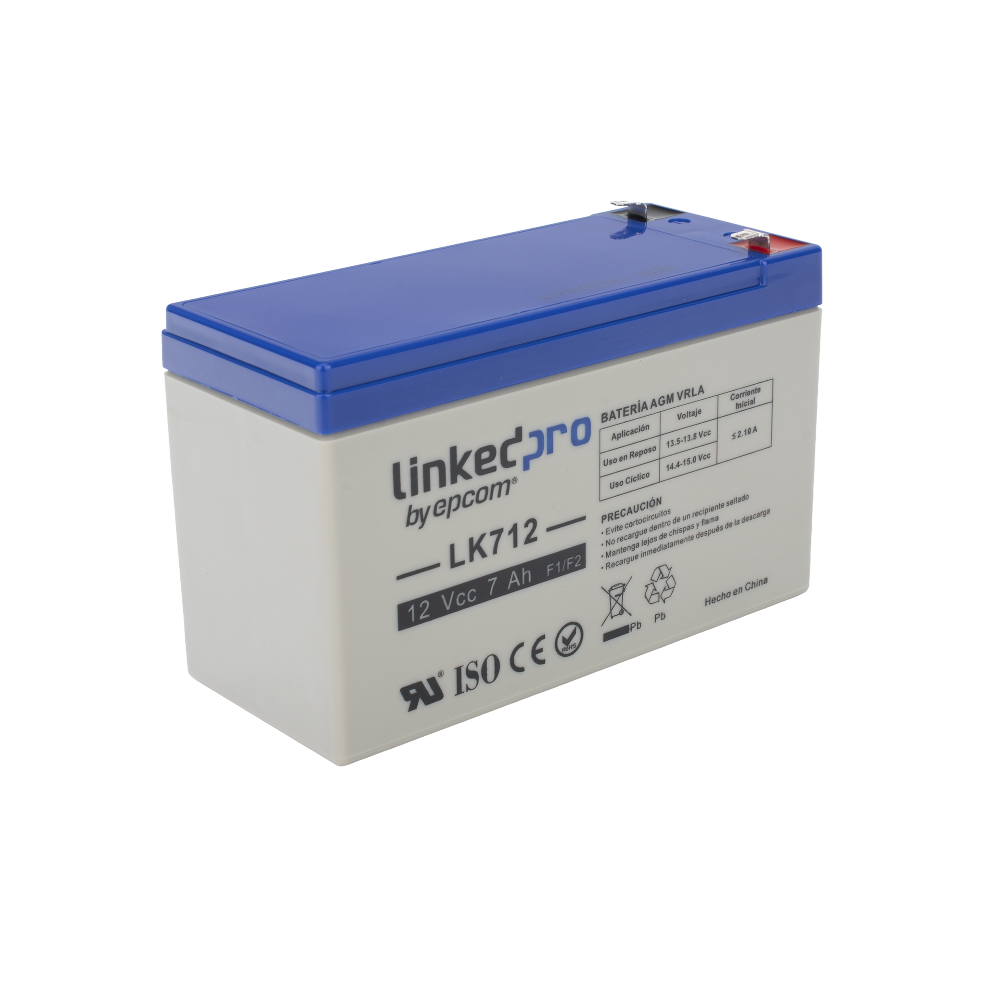 Batería 12 V 7 Ah UL AGM Vida útil promedio 5 años Uso en equipo electrónico Alarmas de Intrusión Incendio Control de acceso Video Vigilancia Terminales F1 ( Incluye adaptador F2 ) LINKEDPRO BY EPCOM LK712