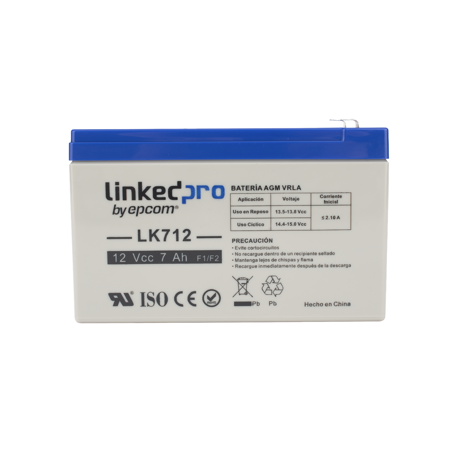 Batería 12 V 7 Ah UL AGM Vida útil promedio 5 años Uso en equipo electrónico Alarmas de Intrusión Incendio Control de acceso Video Vigilancia Terminales F1 ( Incluye adaptador F2 ) LINKEDPRO BY EPCOM LK712 - SILYMX