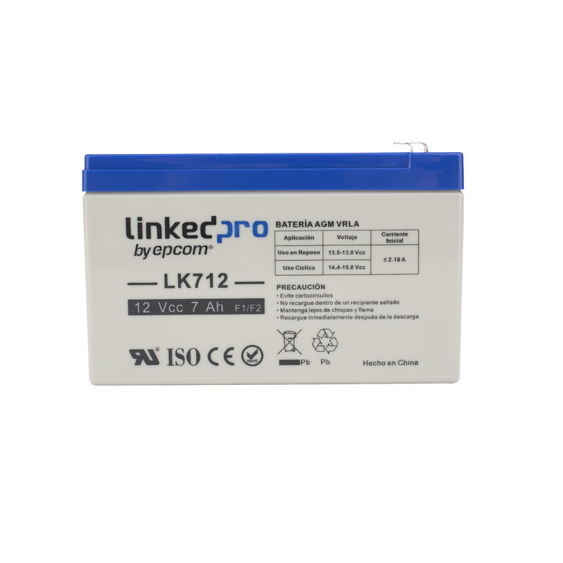 Batería 12 V 7 Ah UL AGM Vida útil promedio 5 años Uso en equipo electrónico Alarmas de Intrusión Incendio Control de acceso Video Vigilancia Terminales F1 ( Incluye adaptador F2 ) LINKEDPRO BY EPCOM LK712 - SILYMX