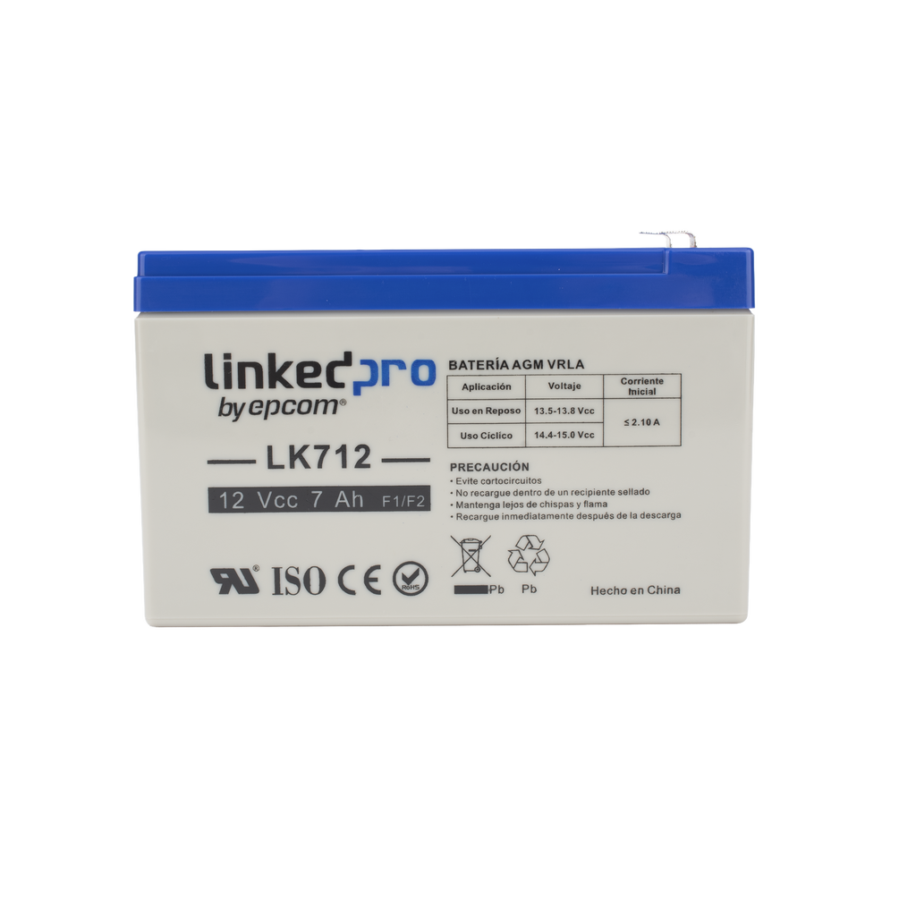 Batería 12 V 7 Ah UL AGM Vida útil promedio 5 años Uso en equipo electrónico Alarmas de Intrusión Incendio Control de acceso Video Vigilancia Terminales F1 ( Incluye adaptador F2 ) LINKEDPRO BY EPCOM LK712 - SILYMX