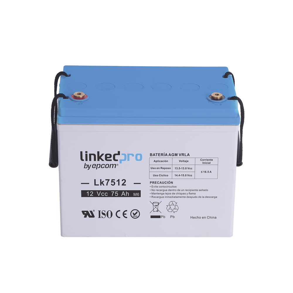 Batería 12 Vcc 75 Ah UL AGM-VRLA Vida útil promedio de 5 años Para uso en equipo electrónico Sistemas de emergencia y aplicaciones fotovoltaicas Terminales T3 LINKEDPRO BY EPCOM LK7512 - SILYMX