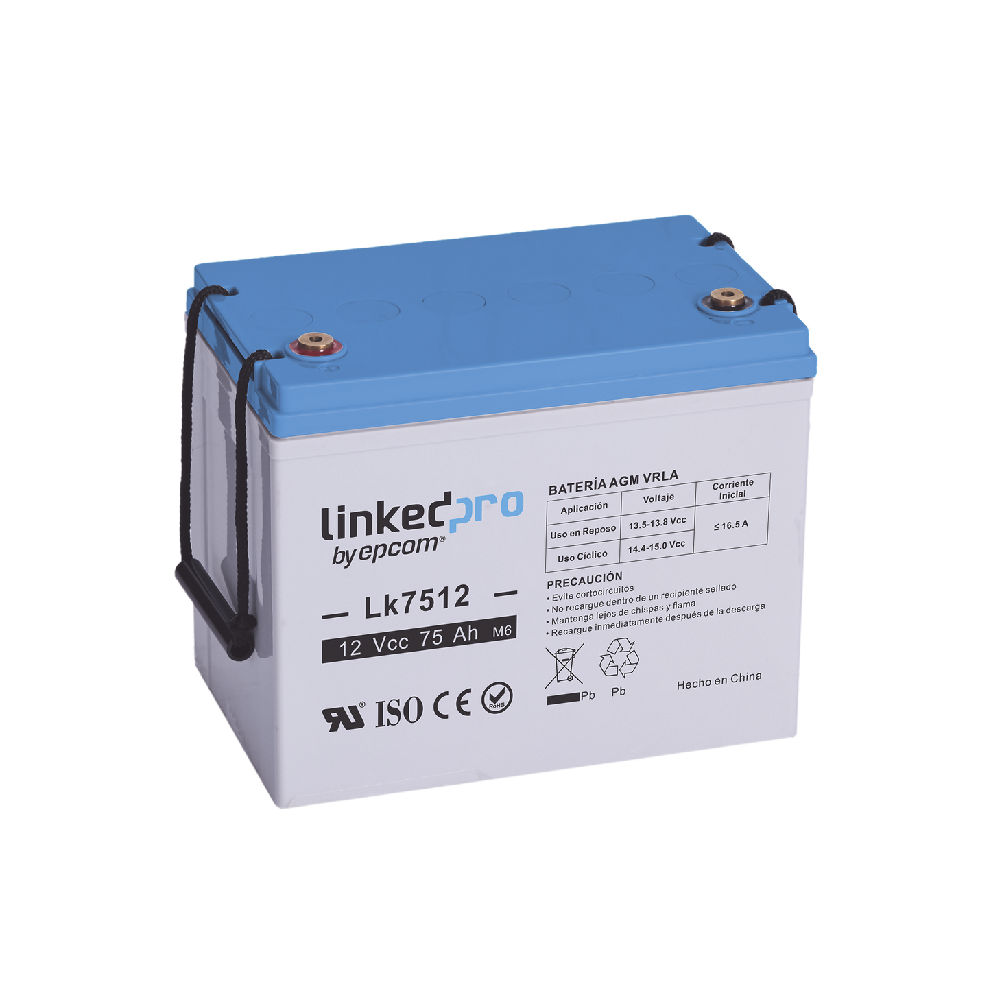 Batería 12 Vcc 75 Ah UL AGM-VRLA Vida útil promedio de 5 años Para uso en equipo electrónico Sistemas de emergencia y aplicaciones fotovoltaicas Terminales T3 LINKEDPRO BY EPCOM LK7512 - SILYMX