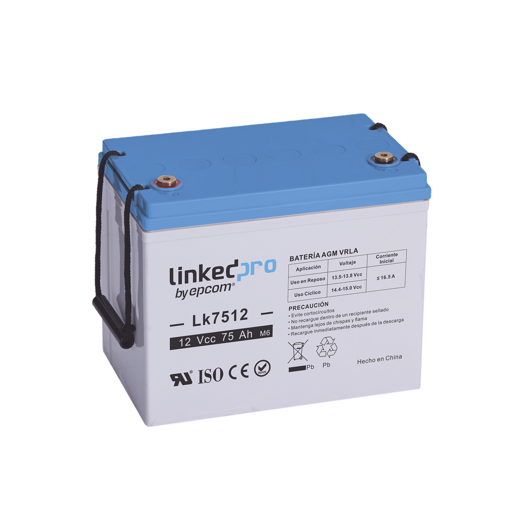 Batería 12 Vcc 75 Ah UL AGM-VRLA Vida útil promedio de 5 años Para uso en equipo electrónico Sistemas de emergencia y aplicaciones fotovoltaicas Terminales T3 LINKEDPRO BY EPCOM LK7512 - SILYMX