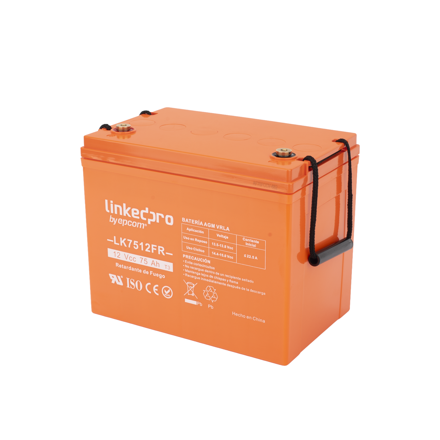 Batería 12 V 75 Ah UL AGM-VRLA Vida útil promedio de 5 años Retardo a la flama Para uso en equipo electrónico Alarmas de Intrusión Incendio/ Control de acceso Video Vigilancia Termina LINKEDPRO BY EPCOM LK7512FR - SILYMX