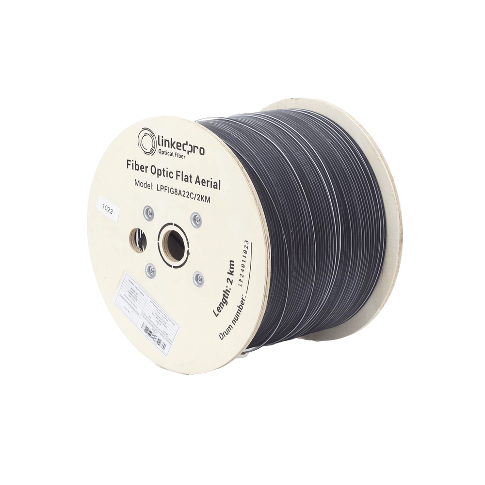 Carrete de 2 km de Fibra Óptica Aérea Mini Figura 8 G.657A2 tipo Drop Plana Monomodo de 2 Hilos (bifibra) Color Negro LPFIG8A22C/2KM - SILYMX