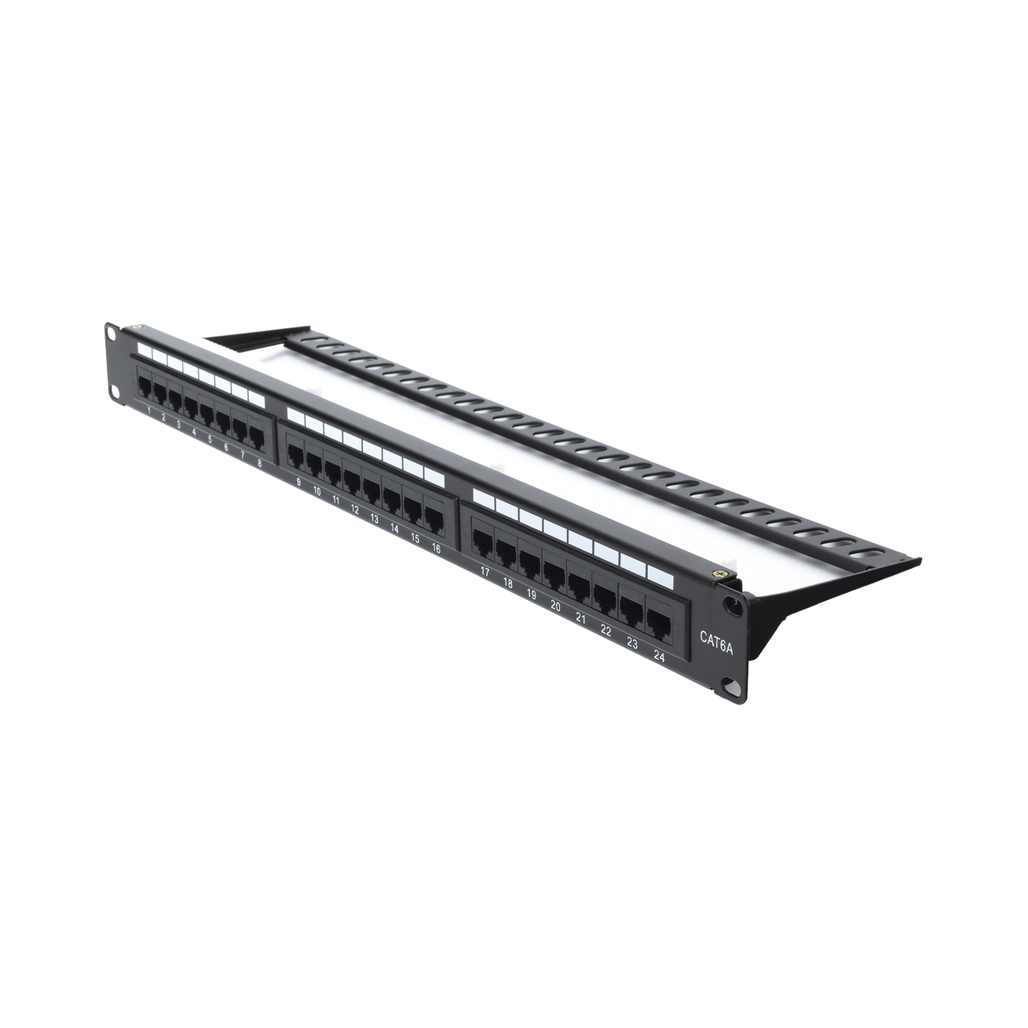 Panel de parcheo de impacto Patch Panel (110) UTP de 24 puertos Cat6A, 19in, con barra para Organizar cables y espacio para Etiqueta LP-PP-605A