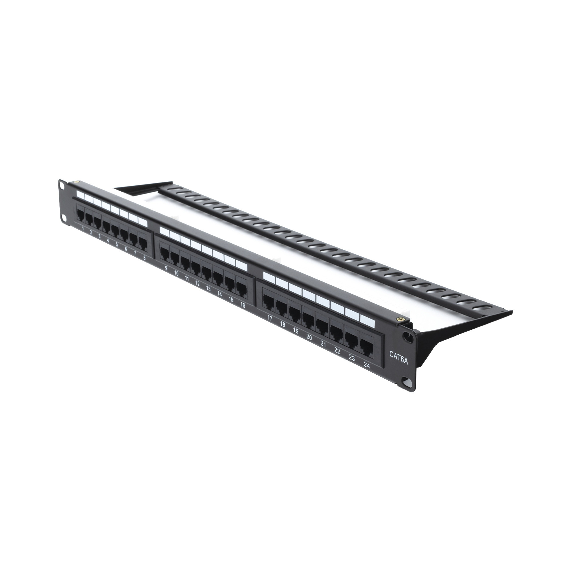 Panel de parcheo de impacto Patch Panel (110) UTP de 24 puertos Cat6A, 19in, con barra para Organizar cables y espacio para Etiqueta LP-PP-605A