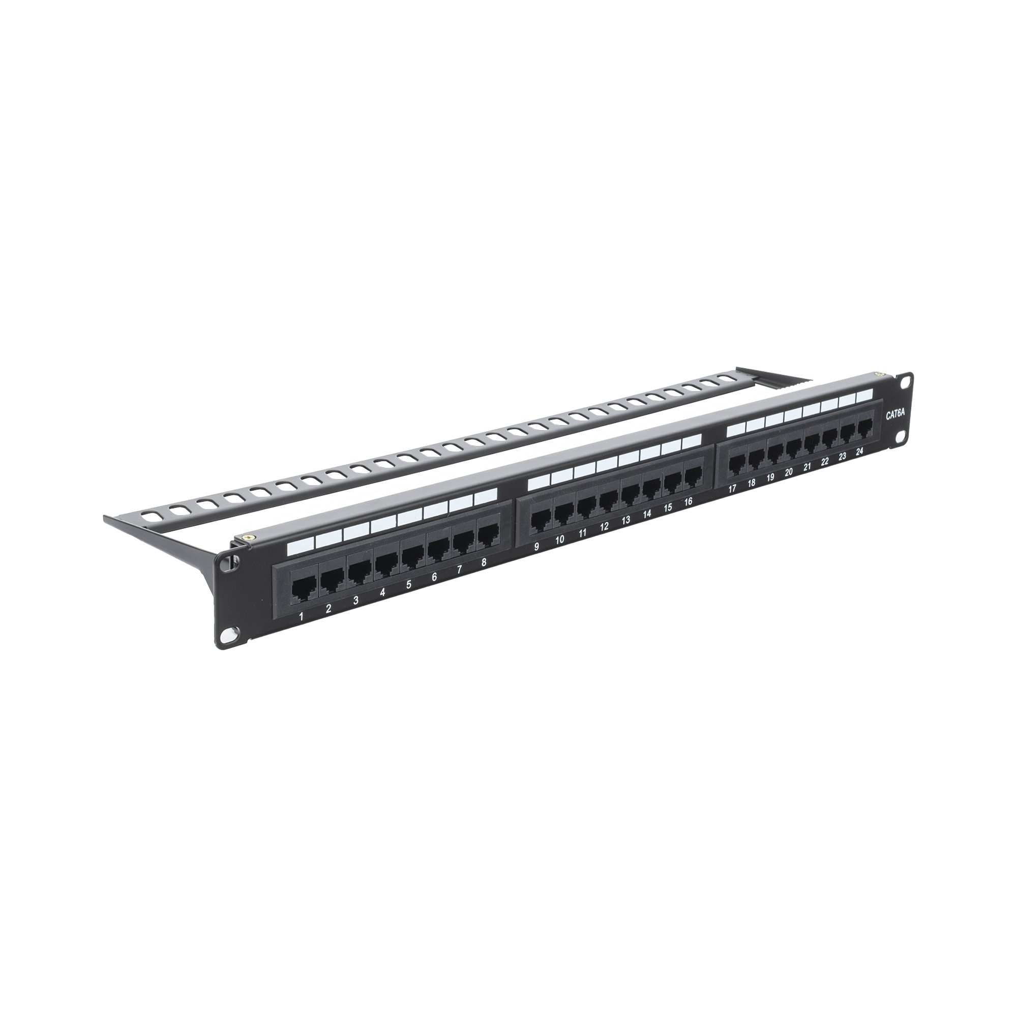 Panel de parcheo de impacto Patch Panel (110) UTP de 24 puertos Cat6A, 19in, con barra para Organizar cables y espacio para Etiqueta LP-PP-605A