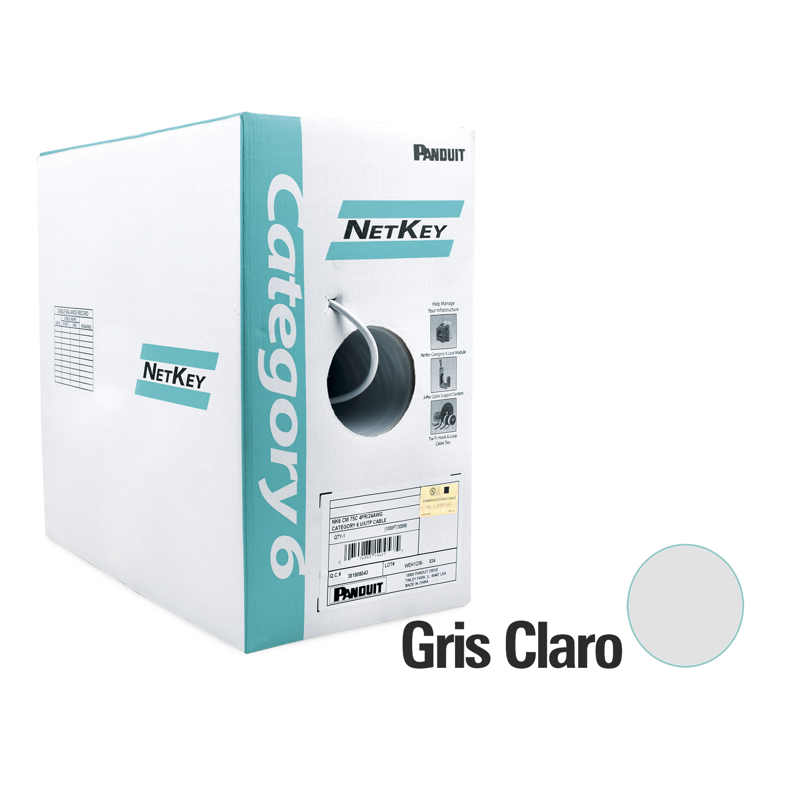 Bobina de Cable UTP Panduit Categoría 6 (24 AWG) 100% Cobre NetKey Gris Claro 1000Mbps Riser (CMR) de 4 pares de 305 m NUR6C04IG-C - SILYMX