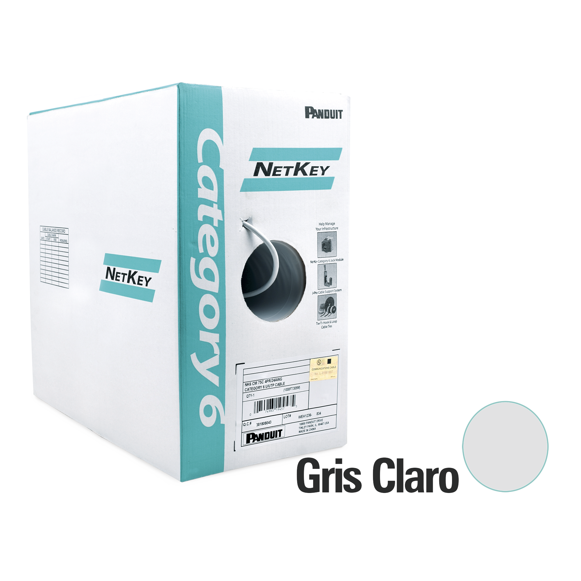 Bobina de Cable UTP Panduit Categoría 6 (24 AWG) 100% Cobre NetKey Gris Claro 1000Mbps Riser (CMR) de 4 pares de 305 m NUR6C04IG-C - SILYMX