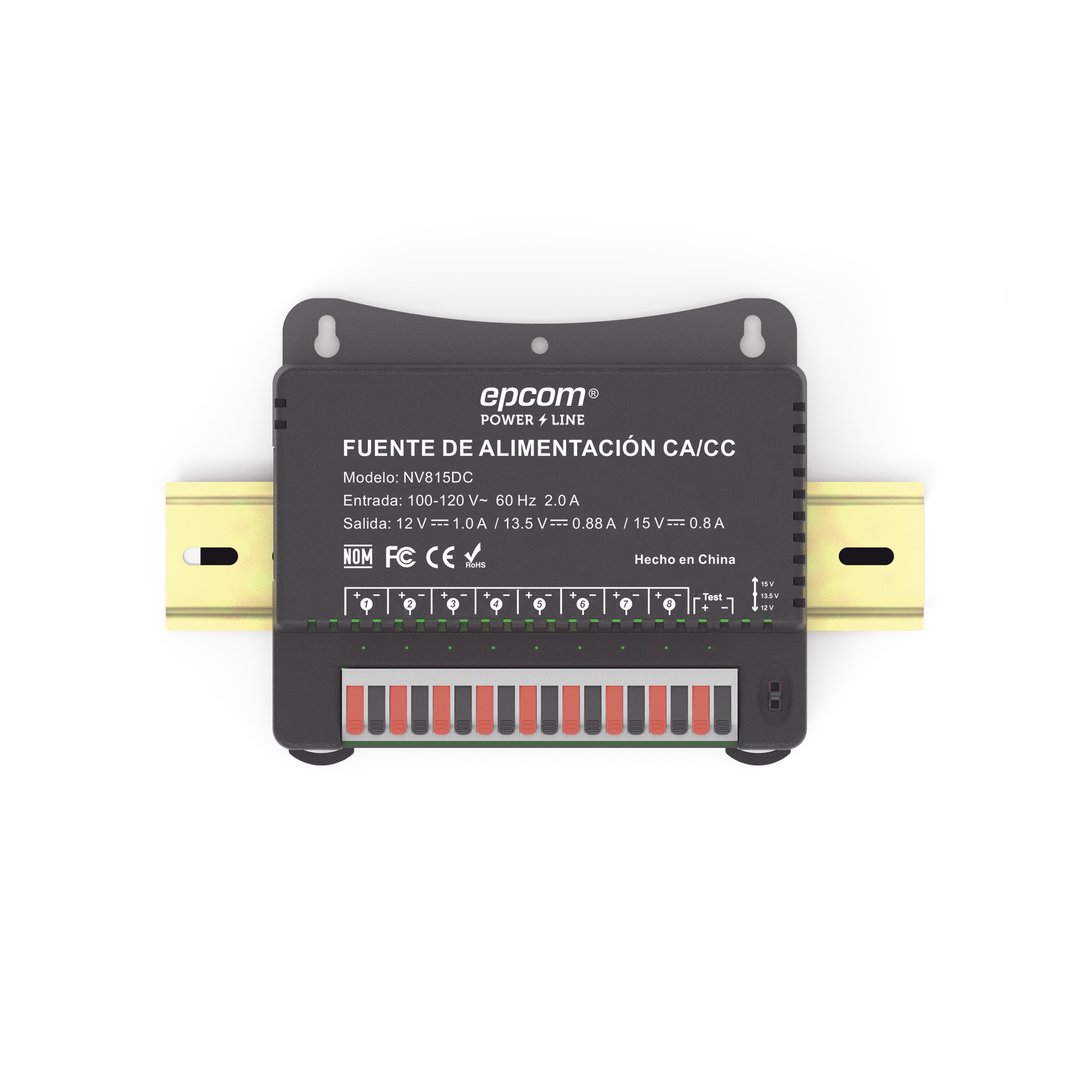 Fuente de Poder Para 8 Cámaras Ajustables a 12 o 13.5 o 15 Vcc 8 Amperes Instalación en Pared NV-815-DC - SILYMX