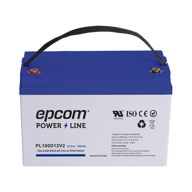 Batería 12 Vcc 100 Ah UL AGM-VRLA CICLO PROFUNDO Para uso en aplicaciones fotovoltaicas y de emergencia Terminales T4 EPCOM POWERLINE PL100D12V2 - SILYMX