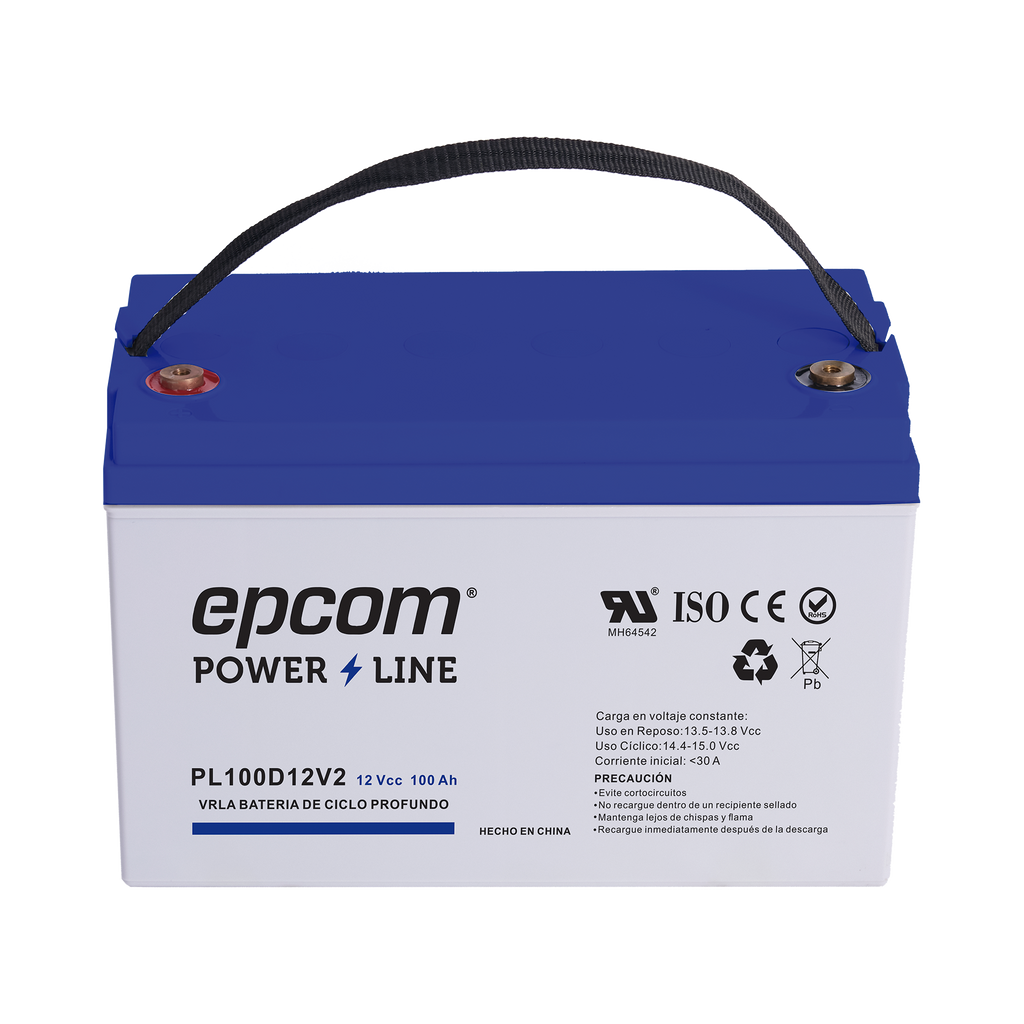 Batería 12 Vcc 100 Ah UL AGM-VRLA CICLO PROFUNDO Para uso en aplicaciones fotovoltaicas y de emergencia Terminales T4 EPCOM POWERLINE PL100D12V2 - SILYMX