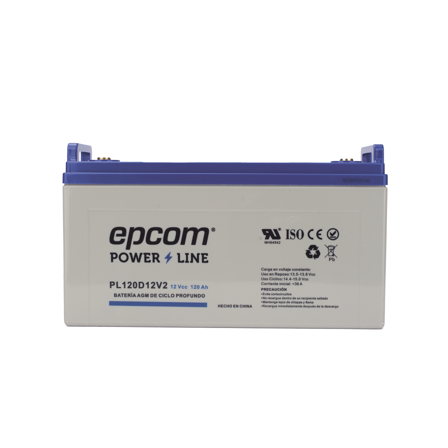 Batería 12 Vcc 120 Ah UL AGM-VRLA CICLO PROFUNDO Para uso en aplicaciones fotovoltaicas y de emergencia Terminales T4 EPCOM POWERLINE PL120D12V2 - SILYMX